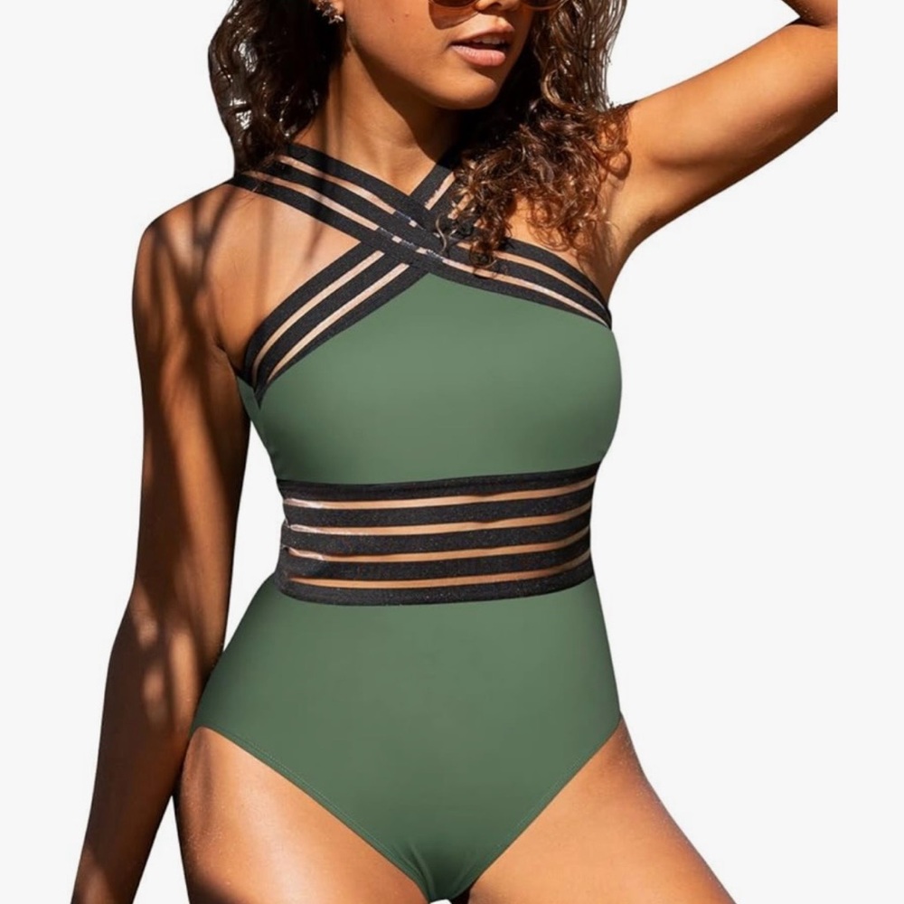 Strappy Green and Black One-Piece Swimsuit